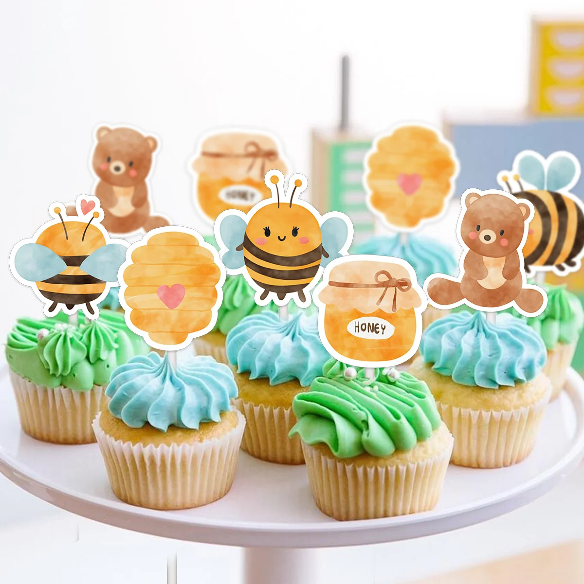 24Pcs Carton Honey Bee Cupcake Toppers DIY Paper Topper For Kids Happy Bee Day Birthday Party Cake Decoration Supplies