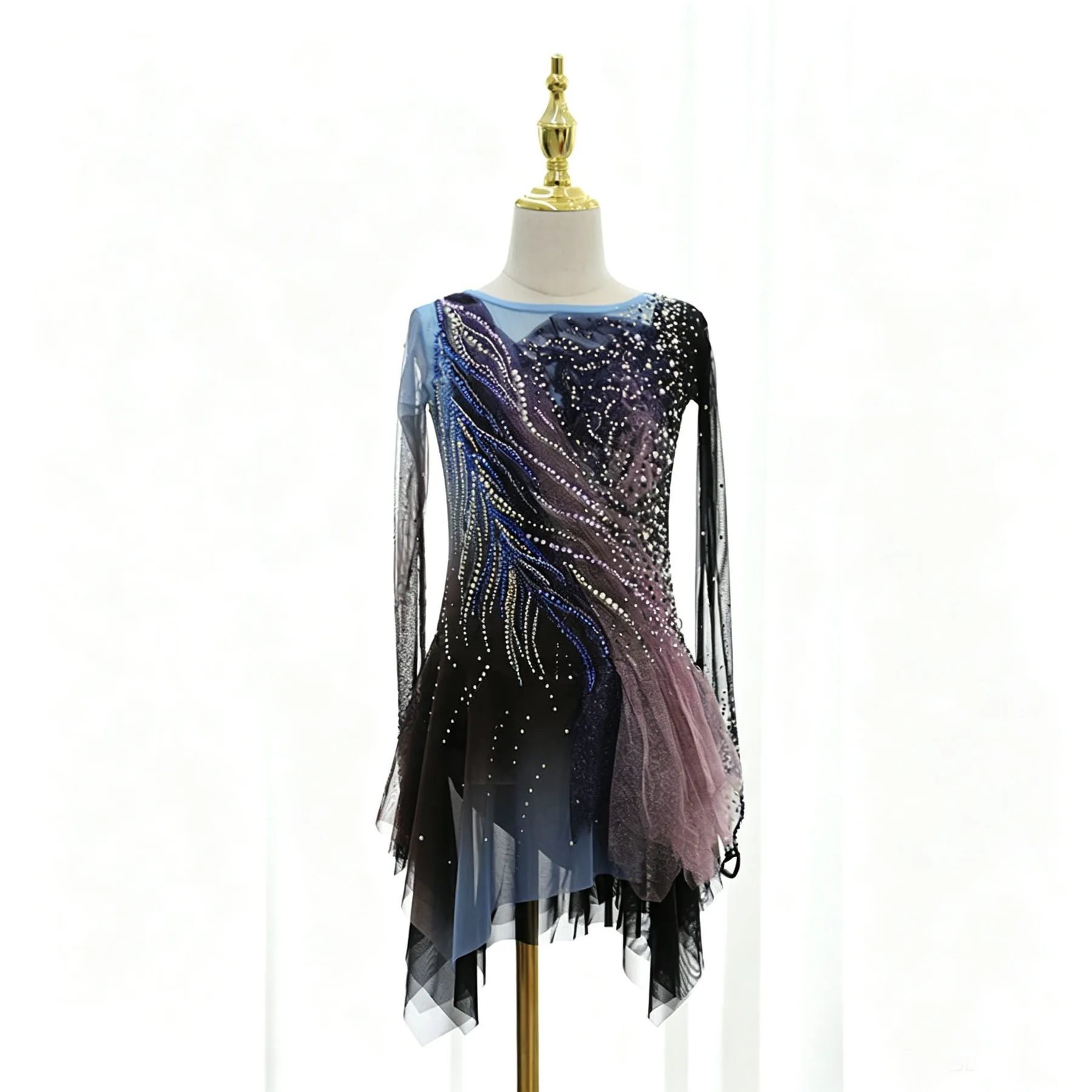 Handmade Rhinestone Figure Skating Dress Black Blue Gradient Irregular Tulle Ice Skating Competition Costume Rhinestone Custom