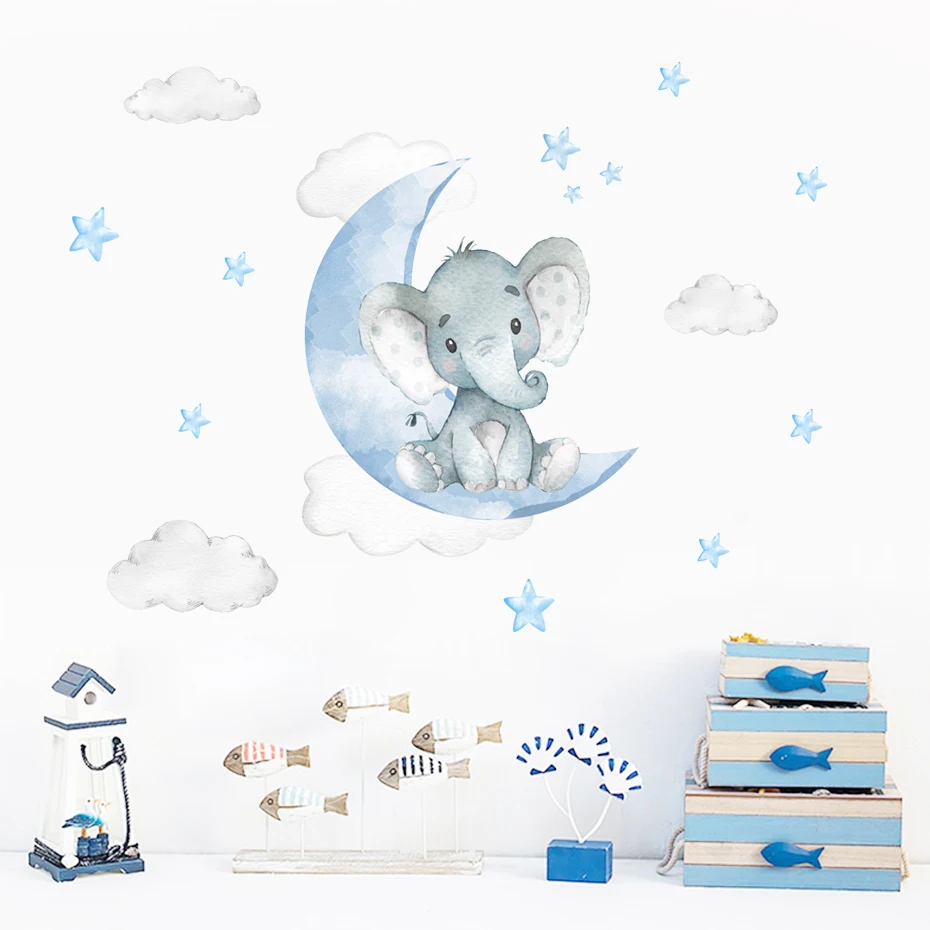 Pegatinas de pared de elefante, Luna, estrellas, azul y verde, calcomanías de pared extraíbles para guardería, carteles artísticos, decoración
