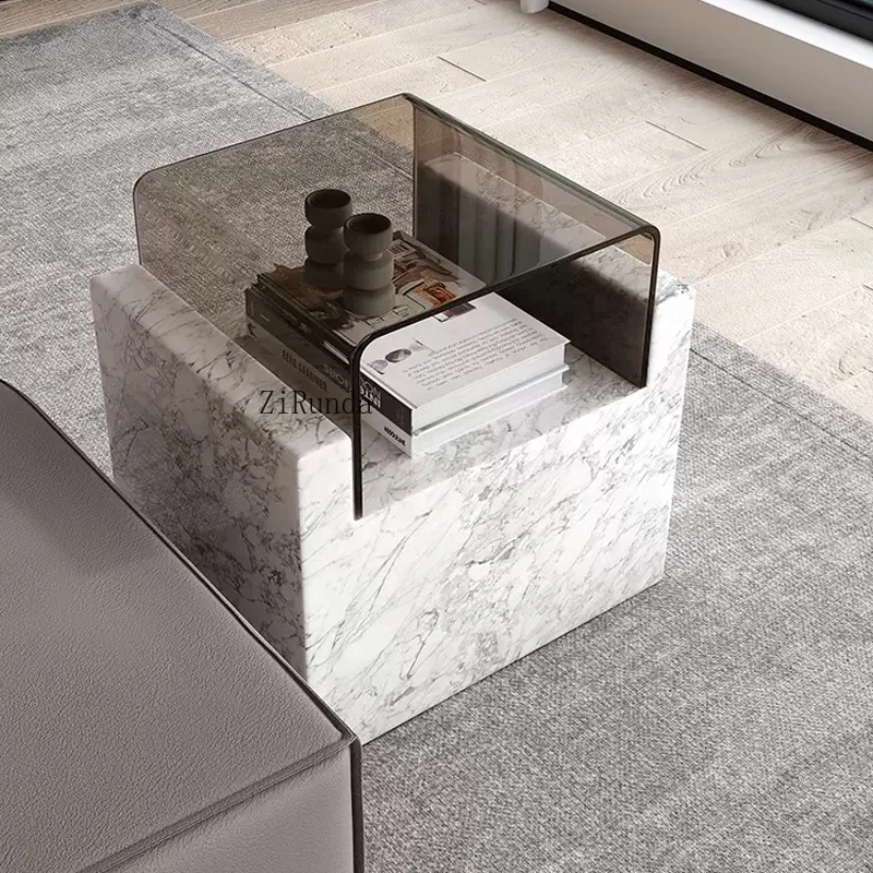Minimalist living room furniture tempered glass table limestone travertine coffee table marble side table