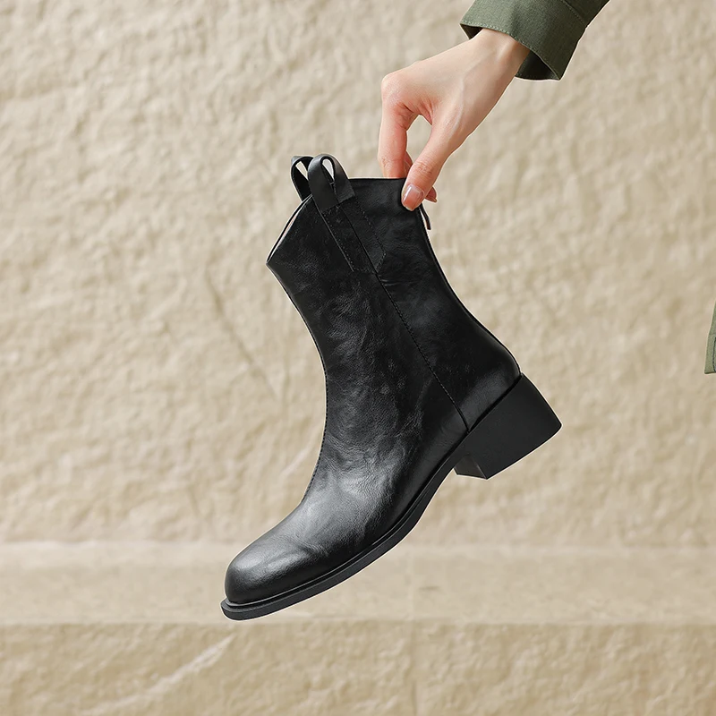 2024 New Autumn/Winter Women Boots Round Toe Chunky Heel Boot Western Boots Zapatos De Mujer Mid-calf Boots genuine leather