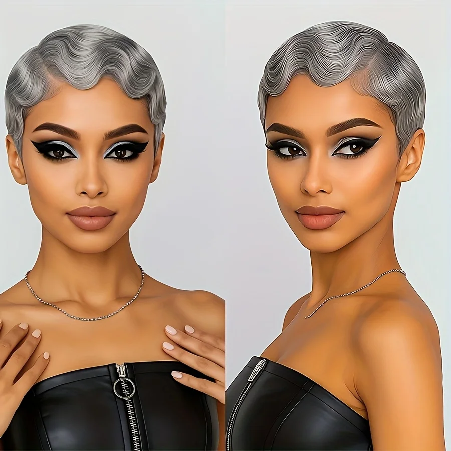 الطبقات قصيرة مجعد فضي رمادي عابث قطع الباروكات شعر الإنسان 100% كامل آلة صنع الباروكات شعر الإنسان الطبيعي لا تشابك شعر مستعار