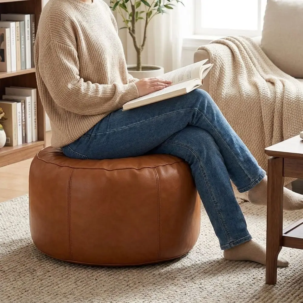PU Leather Pumpkin Pouf Cover Non-Slip Minimalist Seat Cushion Cover Large Capacity Unstuffed Storage Leg Bench