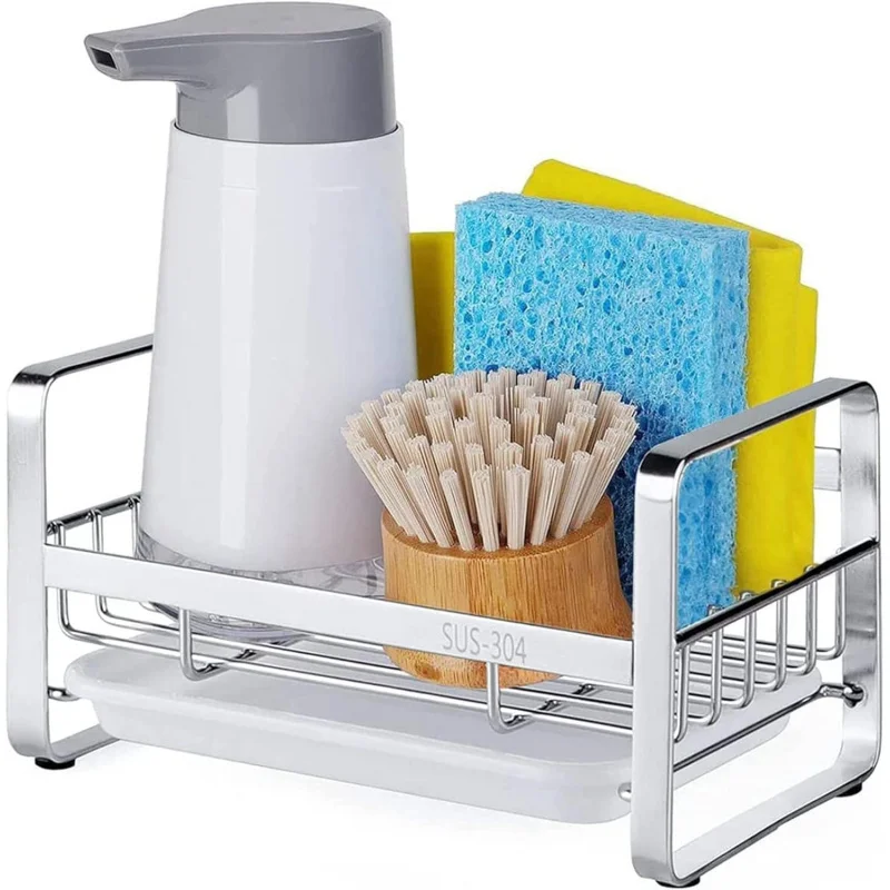 

HULISEN Sink Sponge Holder, 304 Stainless Steel Kitchen Dispenser Caddy Organizer, Countertop Soap Dish Rack Draine