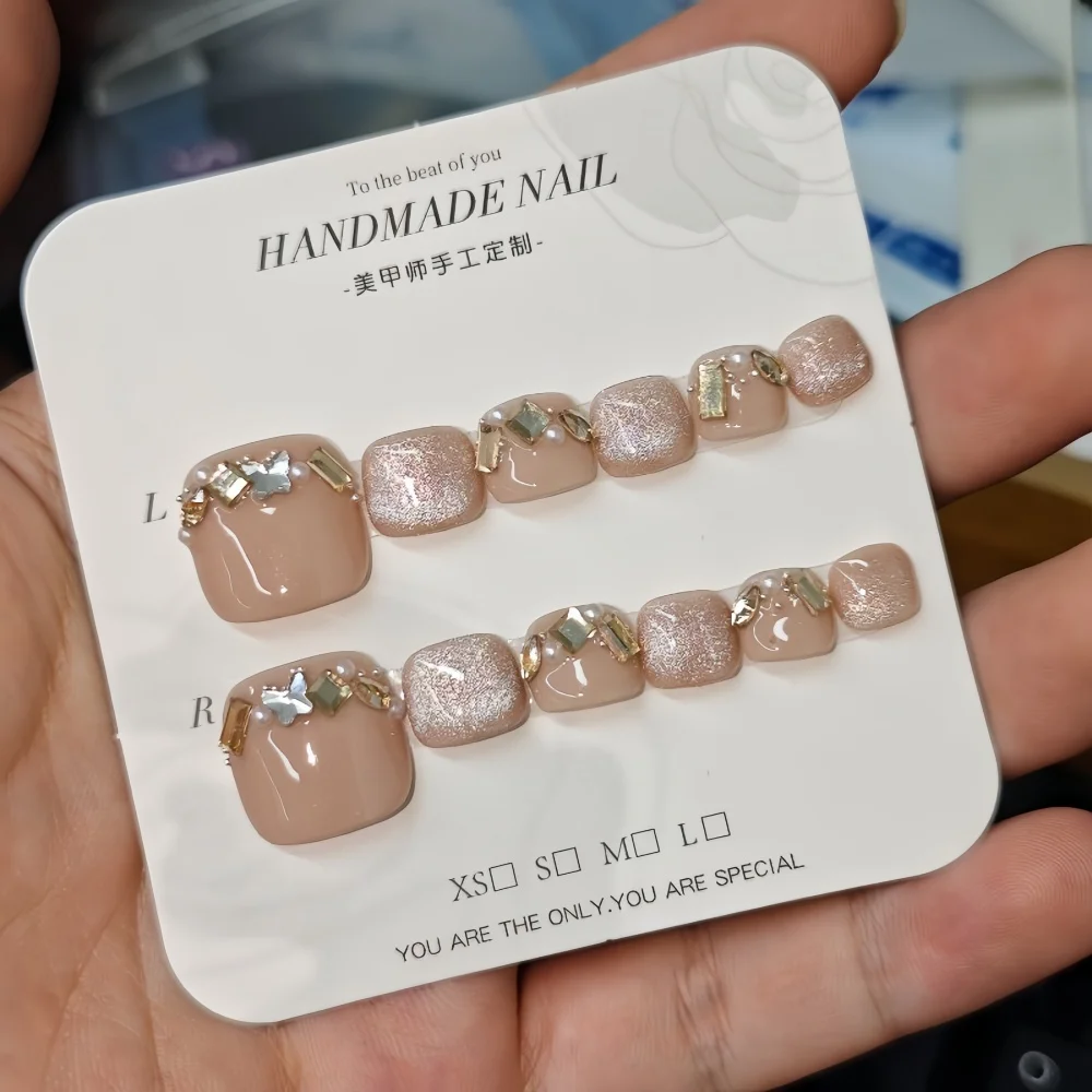 

Nude CatEye Color Press on Toenails Однотонный блестящий чехол Накладные ногти на ногах Короткие квадратные накладные ногти для лета Декор ног ручной работы
