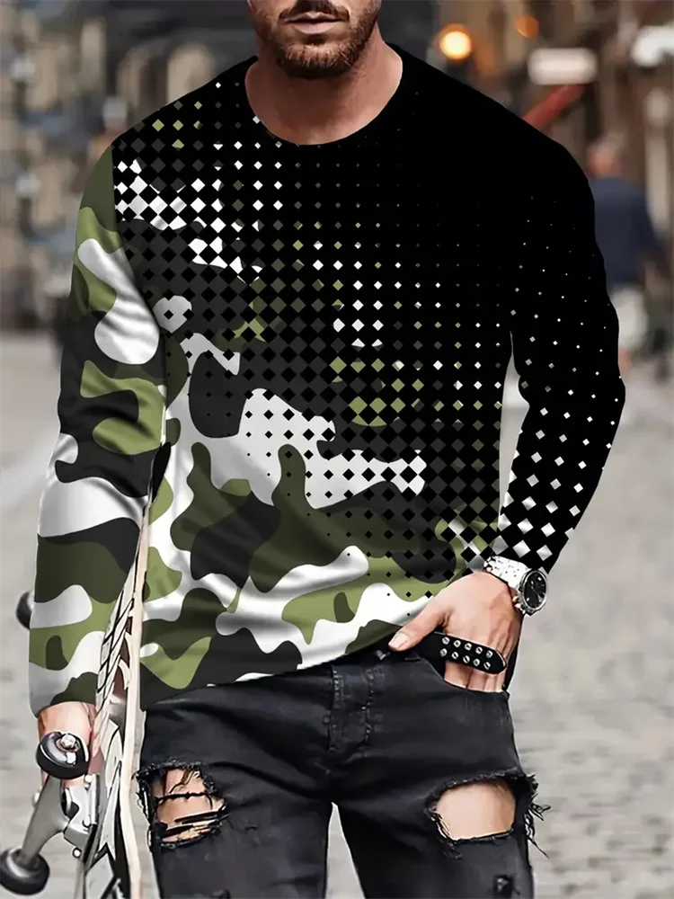 Retro Men's Long Sleeve T Shirt Autumn Round Neck Camouflage Printed Pattern Clothes Casual High Street Large Size Men's Tops