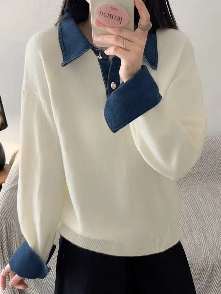 Korean Style Color Block Neck Long Sleeve Knitted Sweater Women Early Autumn Design Loose Slim Short Length Top