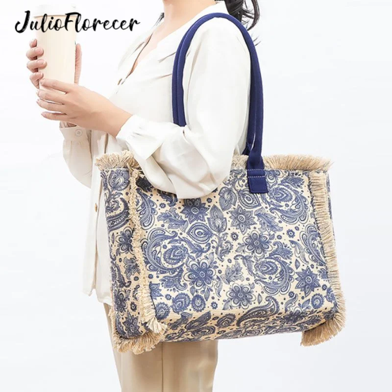 JulioFlorecer Retro Shoulder Bag High Capacity Canvas Tote Bag Bohemian Beach Bag Tassel Shopping Travel Women Bag Free Shipping