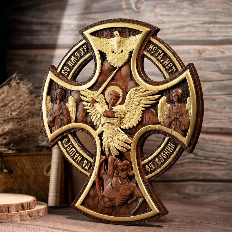 Wood Carving Orthodox Archangel Cross Home Wall Decoration Table St. Michael's Church Gift
