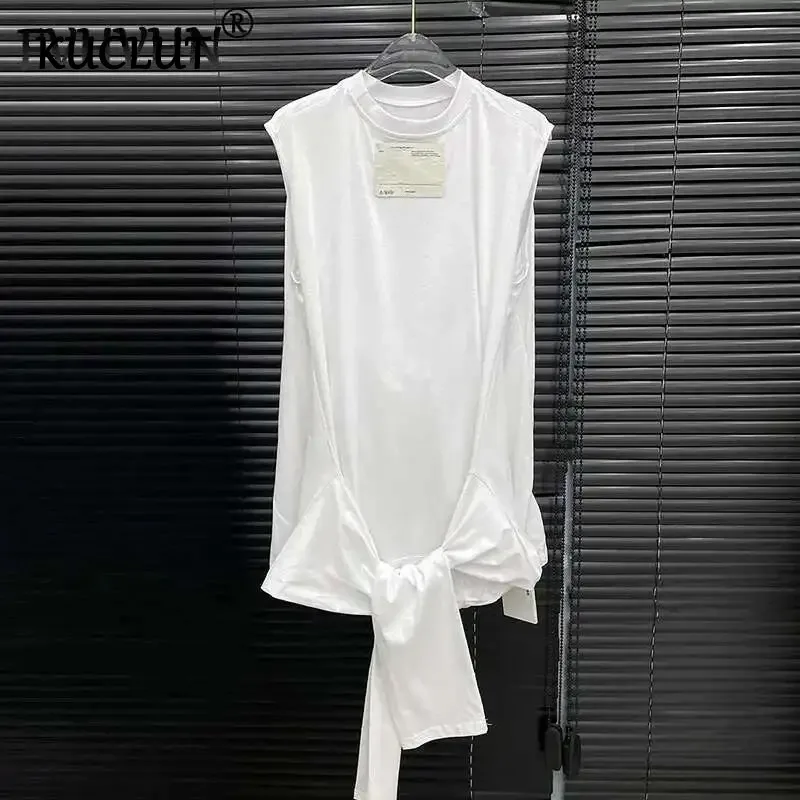 

KUCLUT Fashion Women's Fake Two Piece Creative Design T-shirt Niche Tied Sleeves Round Neck Tank Top Female Trendy New 1A08