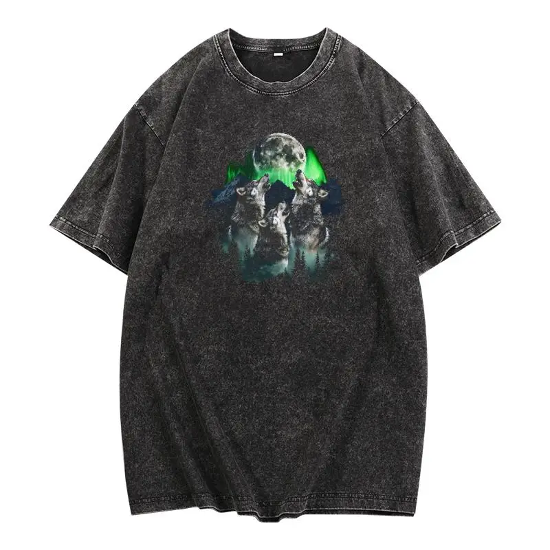

Vintage Washed Wolf T-shirt for Men, Howling Wolves Moon Northern Lights Tee, Streetwear Retro Animal Graphic Top, Oversized Fit