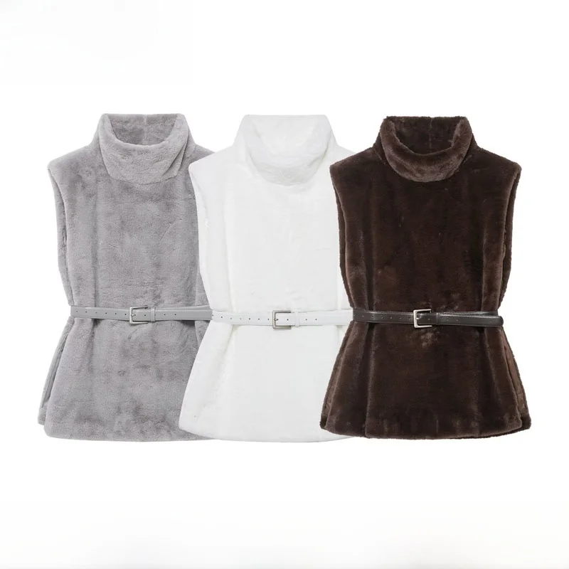 

Faionable Women's Autumn Winter New Arrival Vest Top with Belt Fake Fur Svel High Collar Polyester Fiber Commute Sle