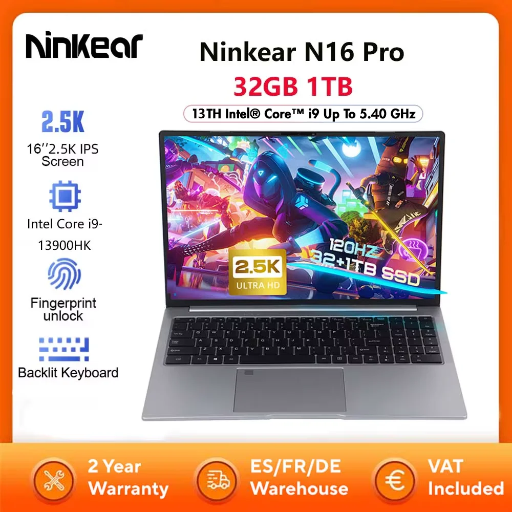 Ninkear N16 Pro Laptop 32GB 1TB 13th Intel Core i9-13900HK 16'' 2.5K IPS 120Hz Computer da gioco 57.75Wh Notebook con sblocco delle impronte digitali