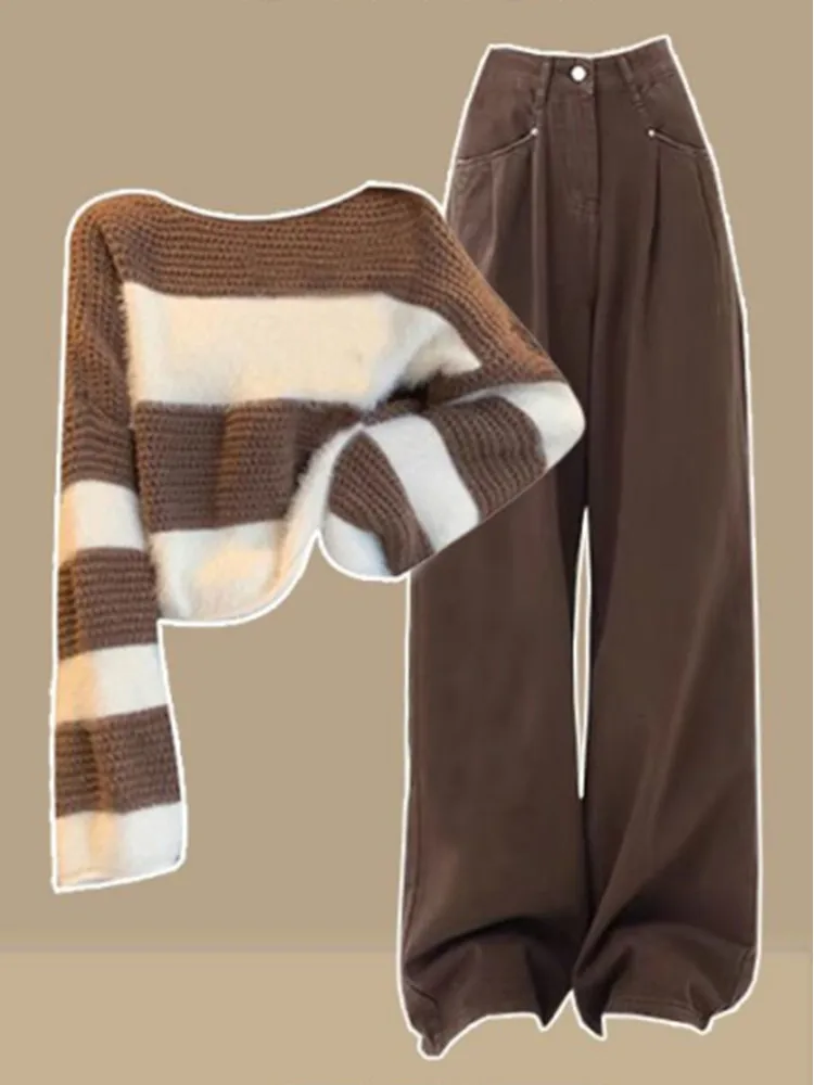 Conjunto coreano de dos piezas para mujer, suéter de punto a rayas holgado y Pantalones vaqueros de cintura alta, otoño e invierno, 2024