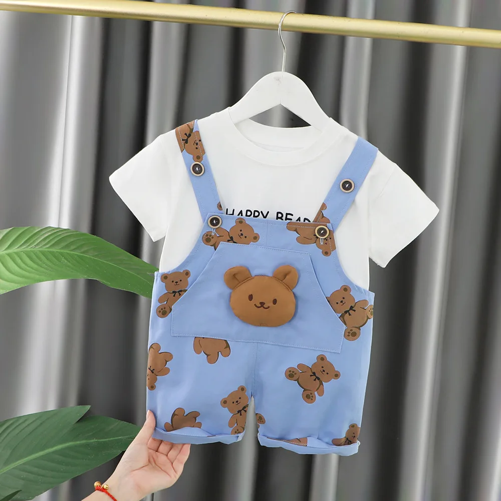 Summer Baby Boy Set Clothes Outfit Korean Cartoon Short Sleeve T-shirts and Overalls Two Piece Tracksuits for Kids Boys Clothing