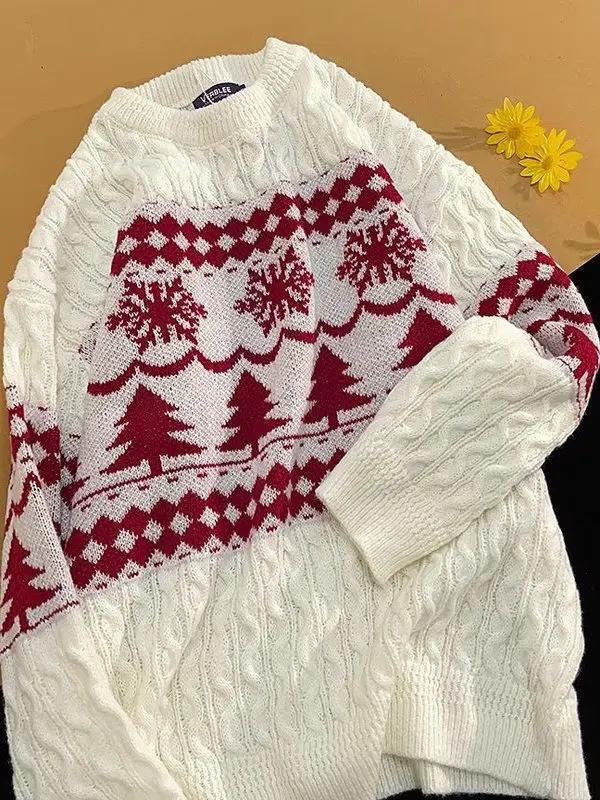 Cisas round Ne Sweater ex Autumn Winter Lazy Sle Knitted Red Oversize Couple Sweater Youthful Vitali Loose Fit