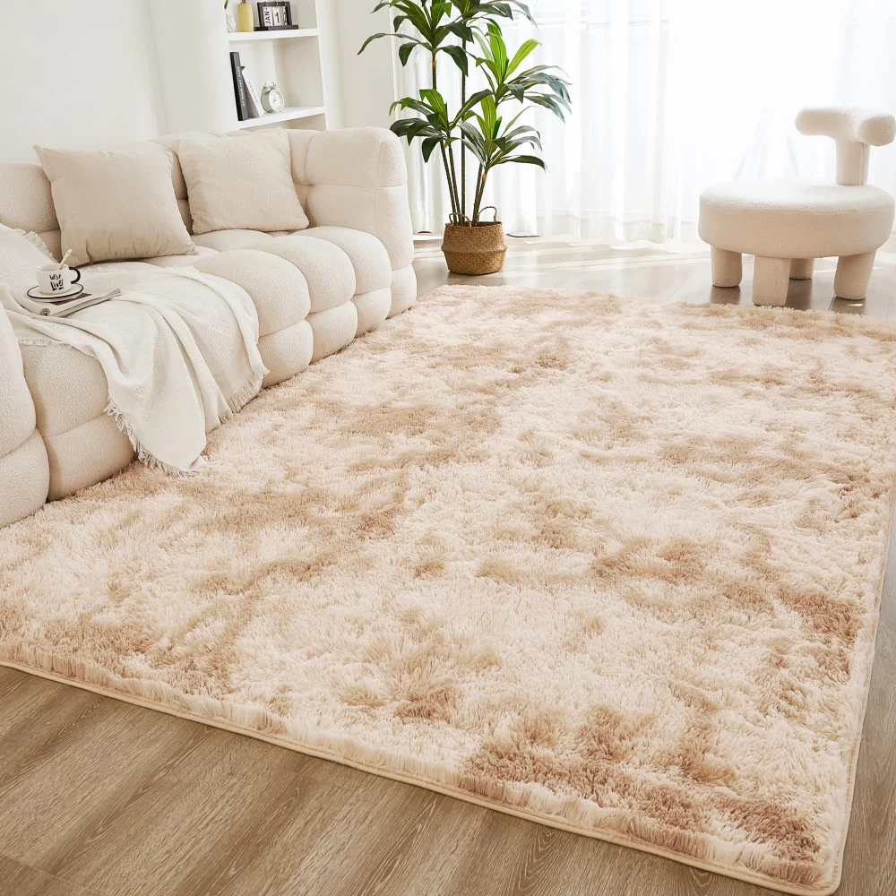 VIKAMA Cream-Coloured Tie-Dye Shaggy Rug Living Room & Bedroom Plush Carpet Playroom & Dormitory Non-Slip Mat Home Decor