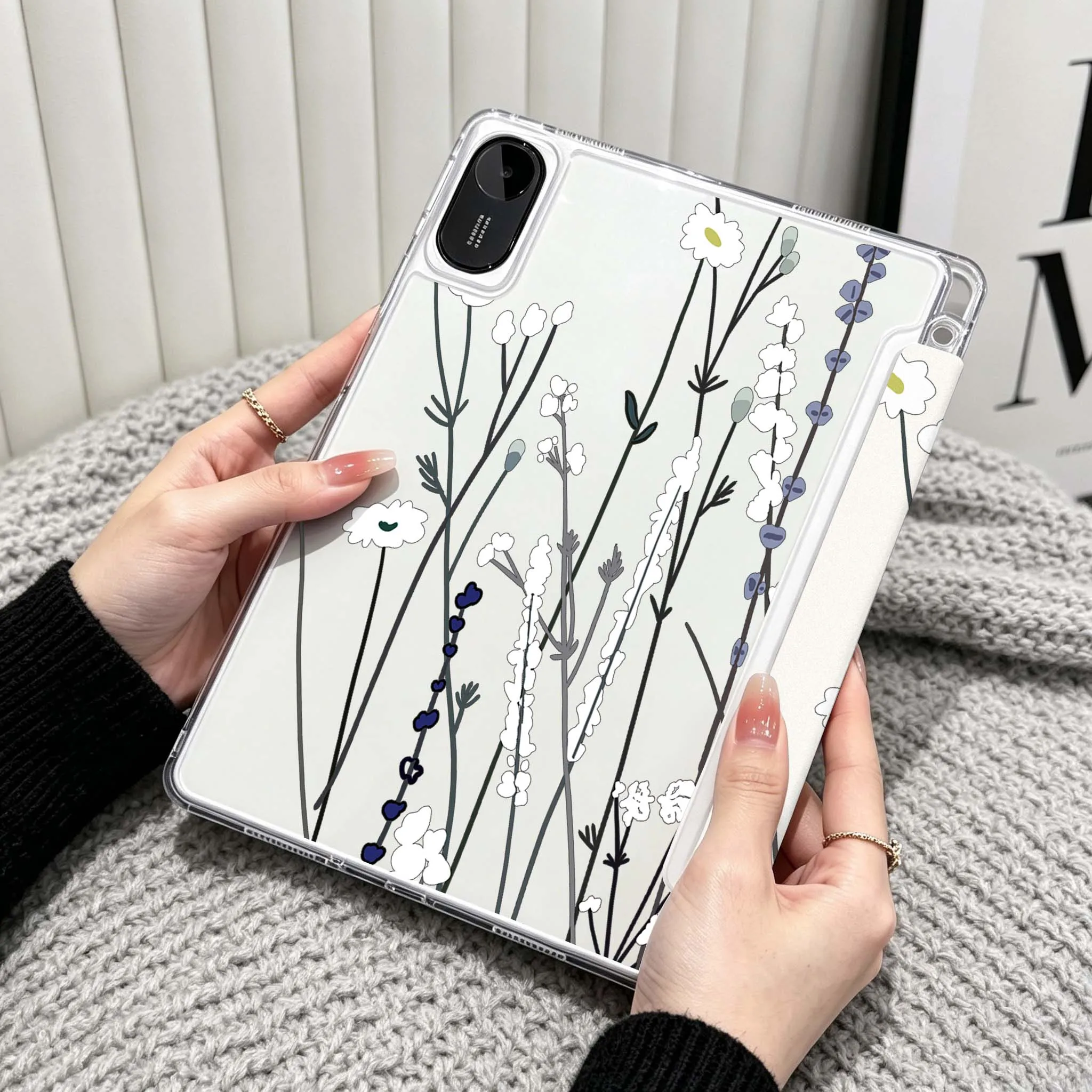 Cartoon Grass Flower For Xiaomi Redmi Poco Pad 5 6 7 8 Pro SE 11 11.2 12.1 Inch Transparent Y-Shaped Folding Tablet Case