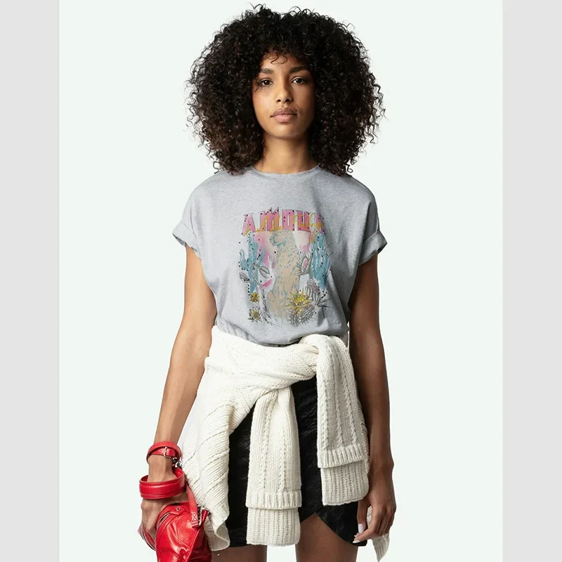 

25 Spring New French Niche ZV Leopard Letter White Ink Digital Printing Hot Diamond Worn Women's Short-sleeved T-shirt