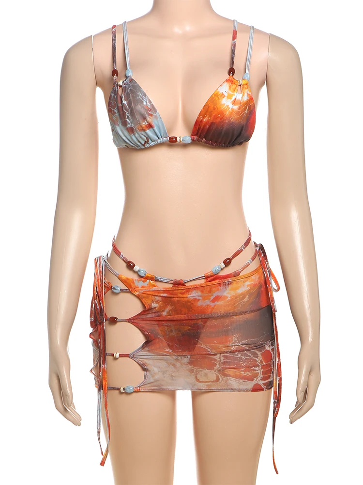 

Whatiwear Sexy Colorful Bikini 3 Piece Set Women Pearls Patchwork Bra Tops+Shirring Briefs+Hollow Skirts Beach Style Outfits
