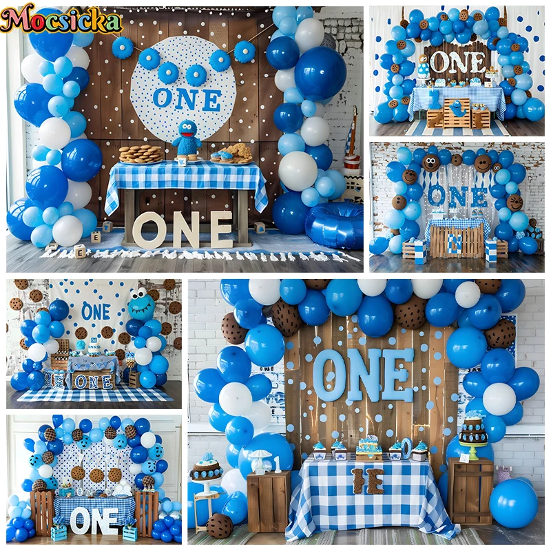 ONE Biscuit Background Photography Blue Balloon Birthday Cake Table Party Girl Children Backdrop Decoration Poster Photobooth