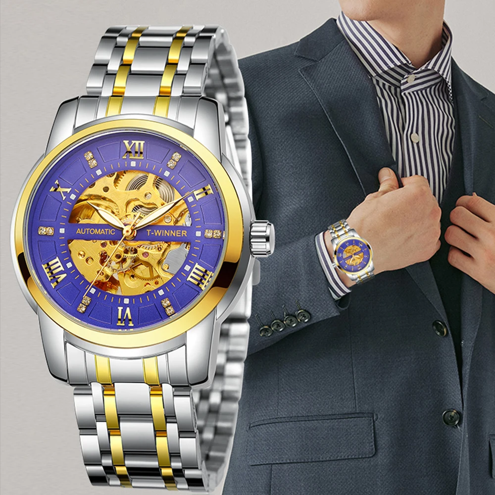 T-WINNER na moda relógios masculinos esqueleto relógios mecânicos automáticos strass ponteiros luminosos aço inoxidável esporte relógio de pulso