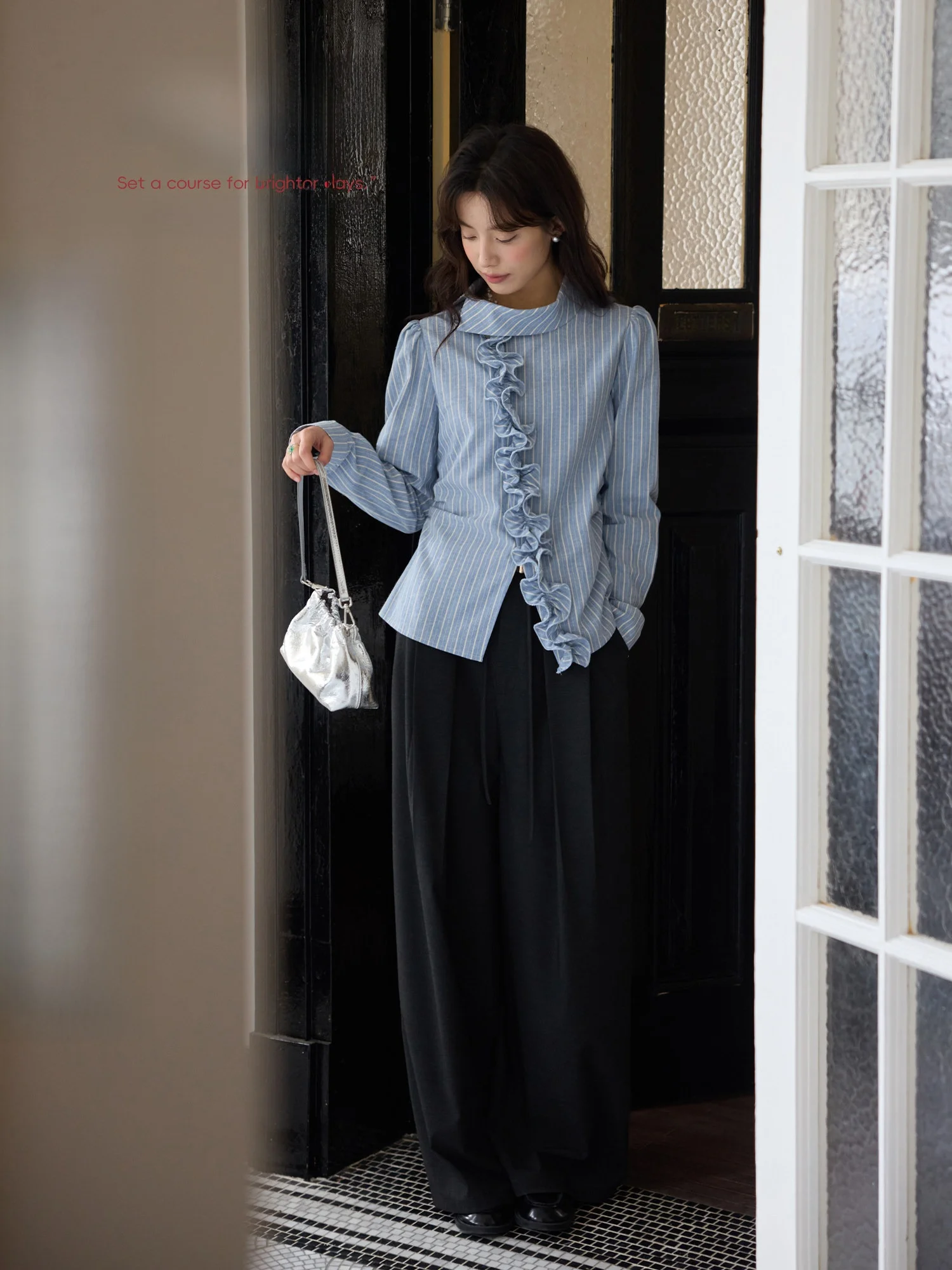 

OrWhite Women's Shirt Asymmetrical Hem Bubble Sleeve Striped Cotton Blend Resistant to Deformation Vintage Style Long Sleeve