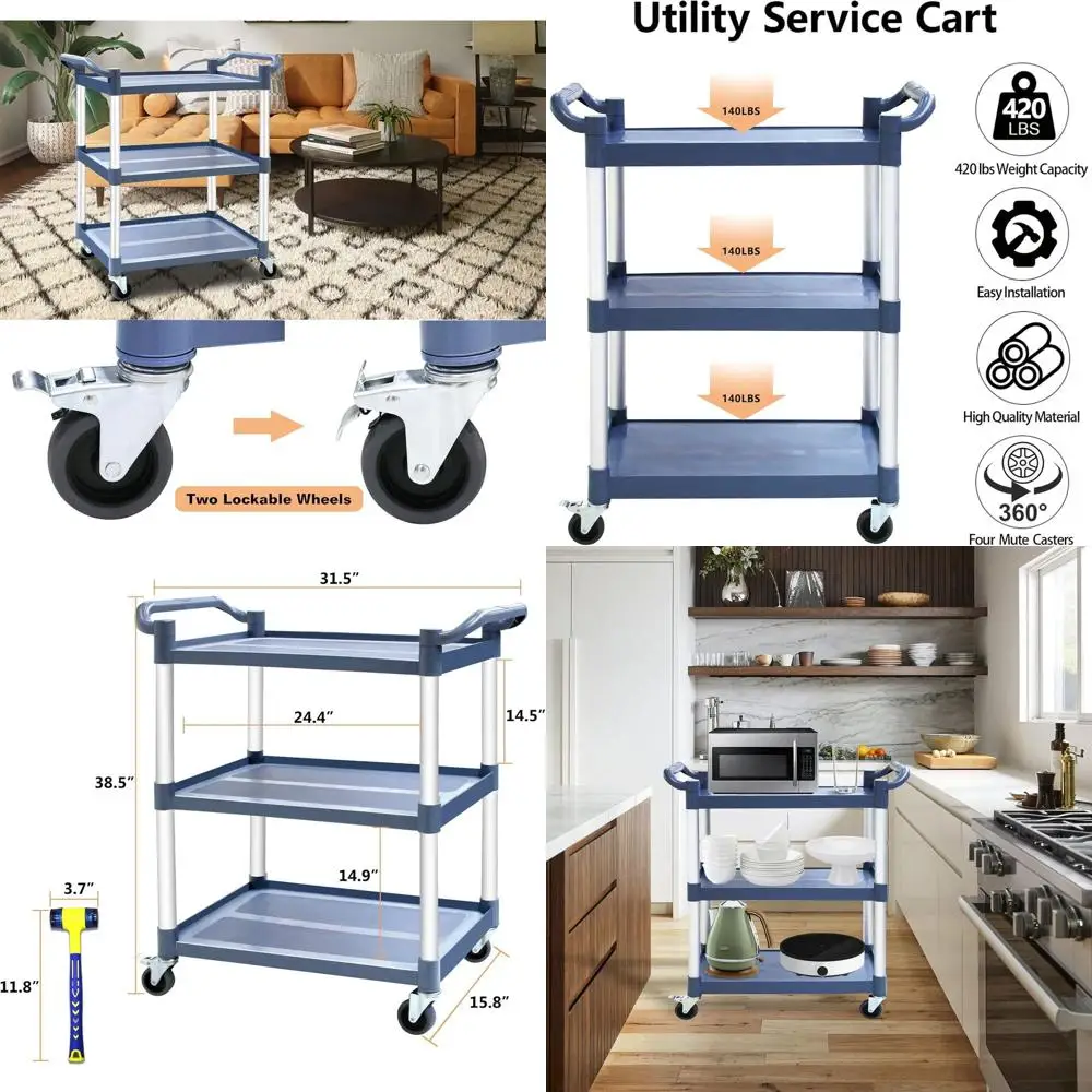 

Прочная 3-ярусная пластиковая тележка с блокируемыми колесами для ресторана, офиса или кухни, грузоподъемность 420 фунтов, серая