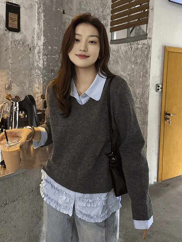 ゆったりとした女性用カレッジスタイルのスリーブ付きトップス、ウッド風のフリルカラー、体型カバー効果のあるスリムフィット、プラスサイズの女の子向け