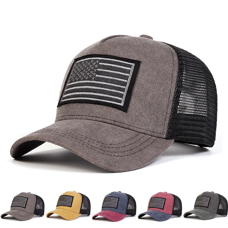 Unisex American Flag Embroidery Washed Baseball Net Caps Spring and Summer Outdoor Adjustable Casual Hats Sunscreen Hat