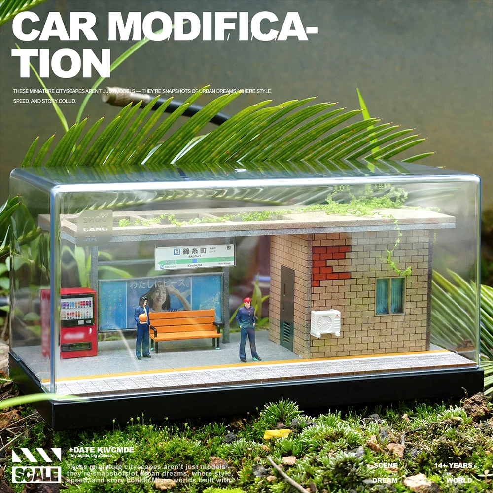 Estación de espera de tranvía al aire libre, modelo fundido a presión, escena de modelo de parque de coches para figuras de acción, colección DIY, 1/64