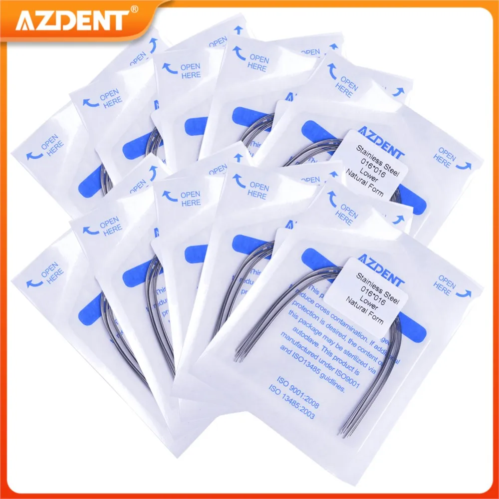 AZDENT-cables de acero inoxidable para ortodoncia Dental, alambres de arco Rectangular y redondo, forma Natural, arco inferior superior, odontología, 10 paquetes