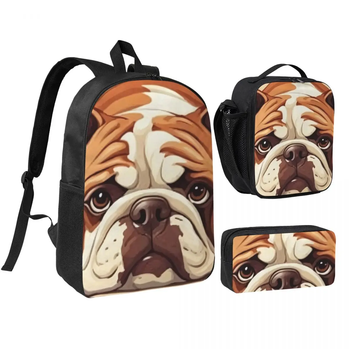 British Bulldog Lying Down Backpack Student BookBag School Bag Shoulder Bags 3ps Insulated Lunch Bag Pencil Case