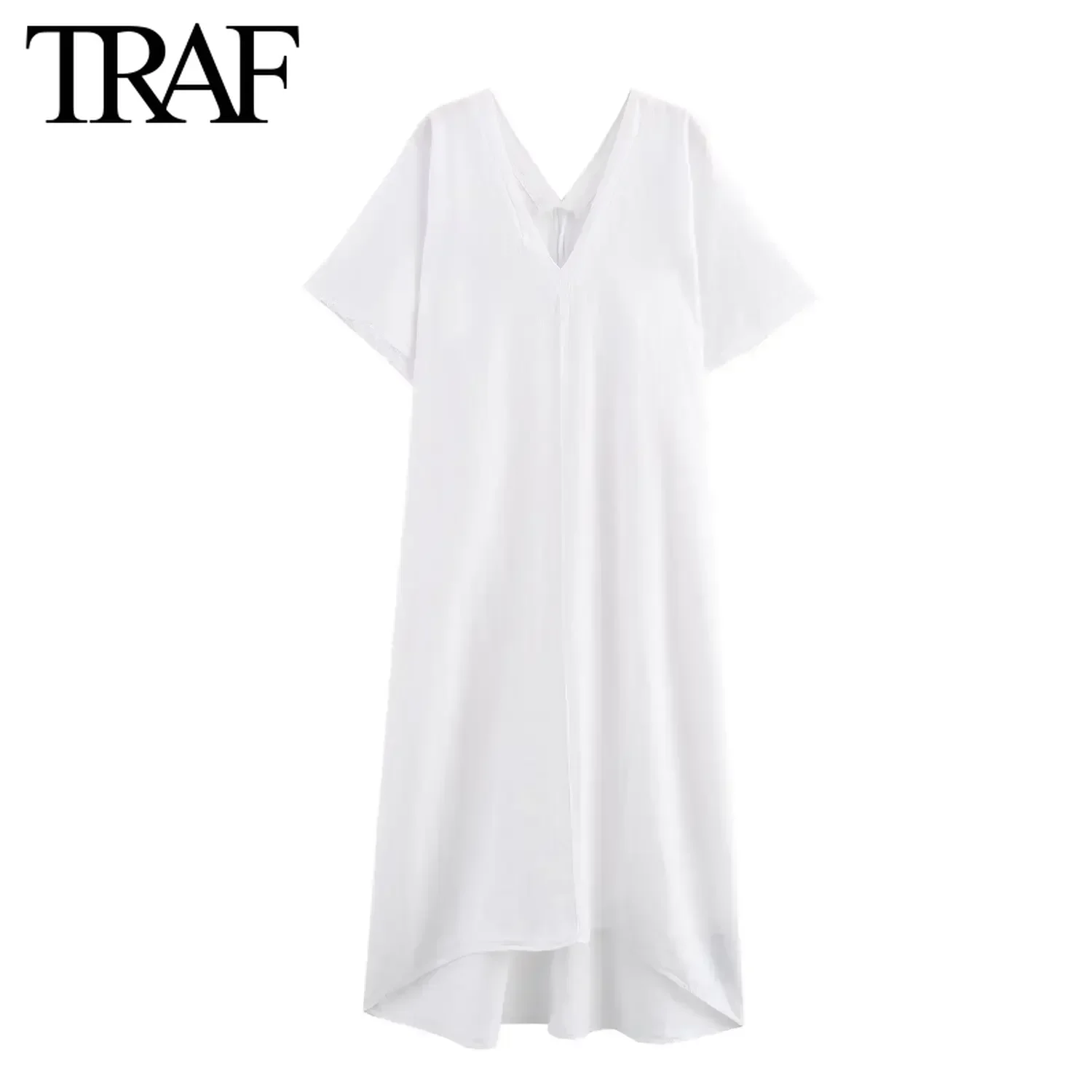 TRAF Women Fashion Summer New Rough Edge Loose Linen Blend Short Sleeve V-neck Vintage Dress France Chic Female Evening Mujer