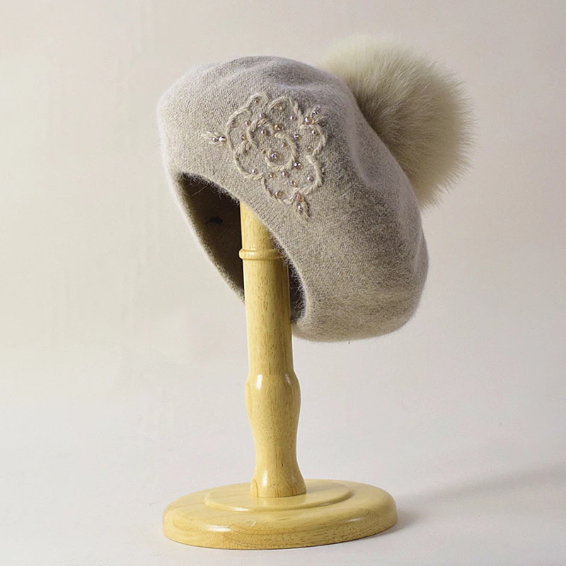 

Beret Pompom Women Winter Hat Flower Pearls Real Fox Fur Knit Warm Accessory For Autumn Cold Weather Skiing Outdoor Luxury
