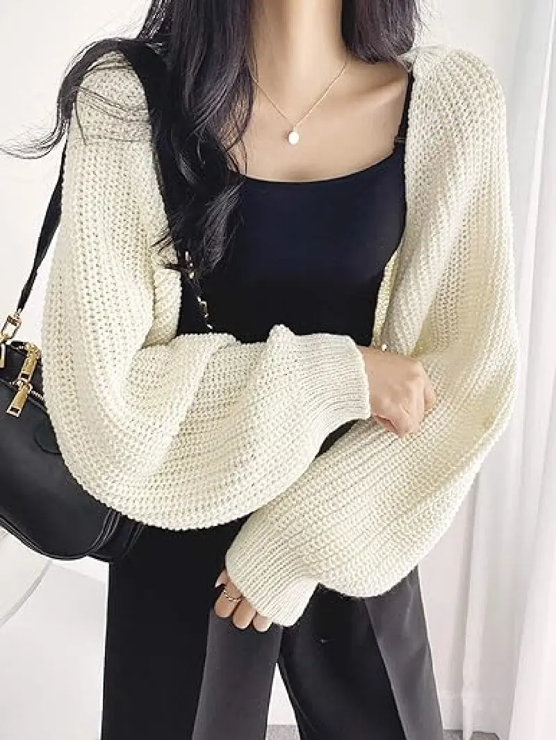 Cropped Solid Knit Sweater  Open Front Long Sleeve Sweater  Women\'s Clothing