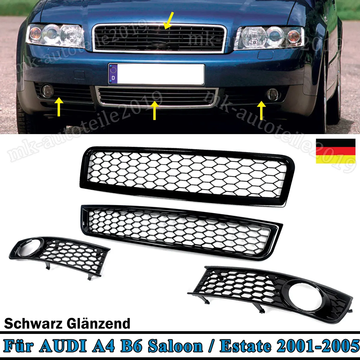 Front Upper Grill For Audi A4 B6 Sedan 2002-2005 Honeycomb Lower Grille Fog Lamp Grill 4pcs set  Gloss Black Car Accessories