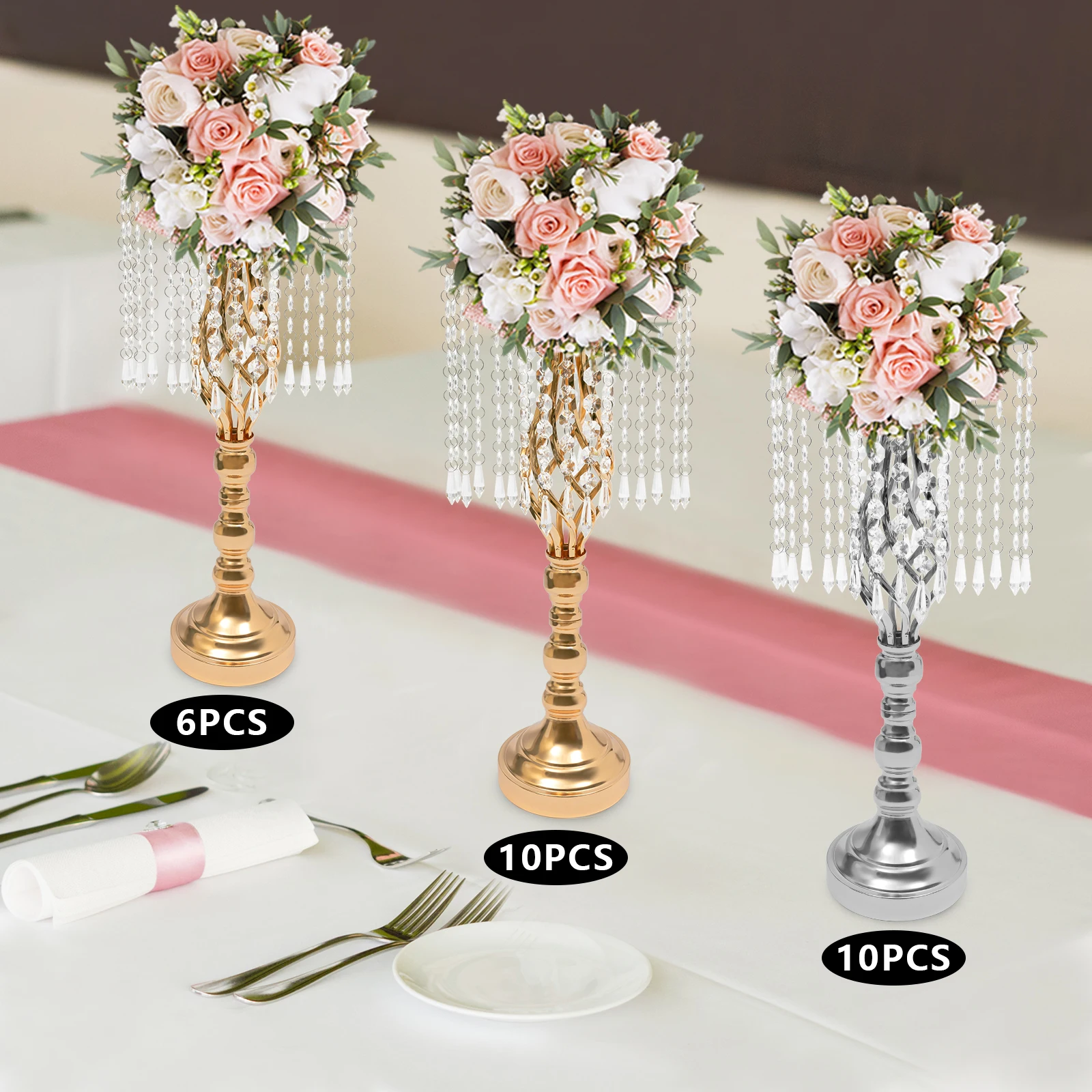 6/10Pcs Crystal Flower Stand Wedding Road Lead Tall Flower Holders Centerpiece Metal Flower Vase Wedding Supplies Gold/Silver