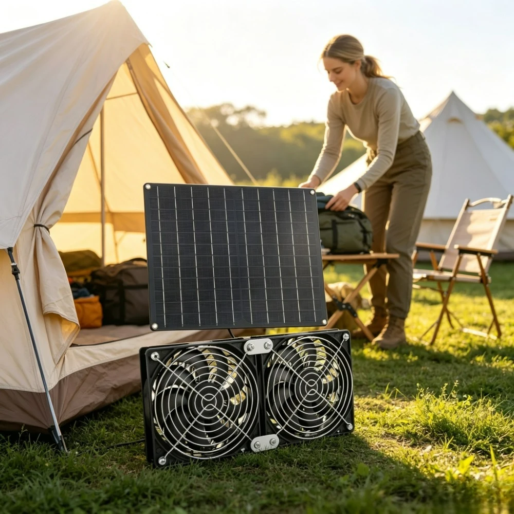 Heat Dissipation Air Circulation Professional 15W 20W Solar Powered Dual Fan Low Noise Fan for Dog House Chicken Coop
