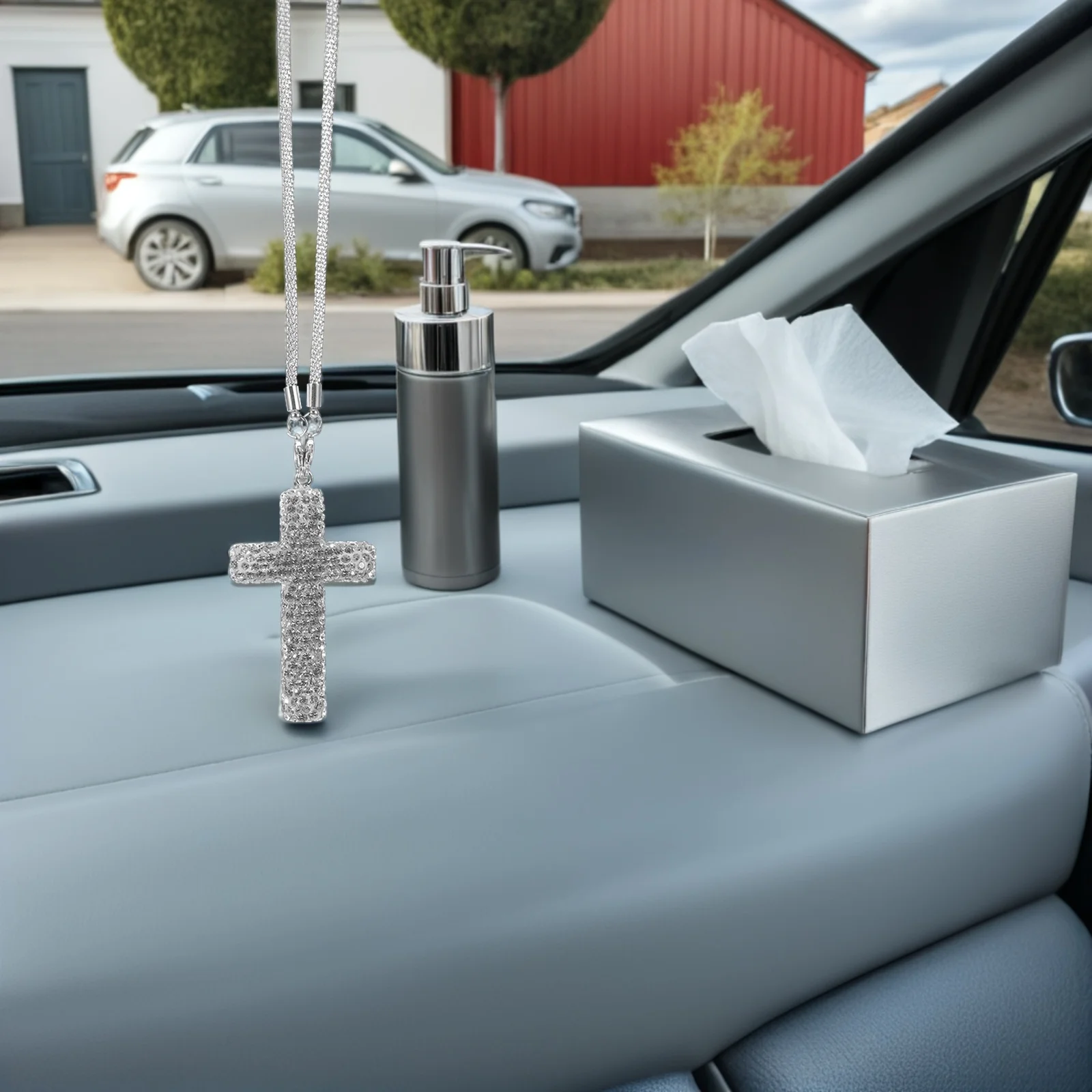 

2Pcs Rhinestone Embellished Cross Pendant for Car Interior - Premium Stainless Steel Mirror Hanging Ornament with Spiritual