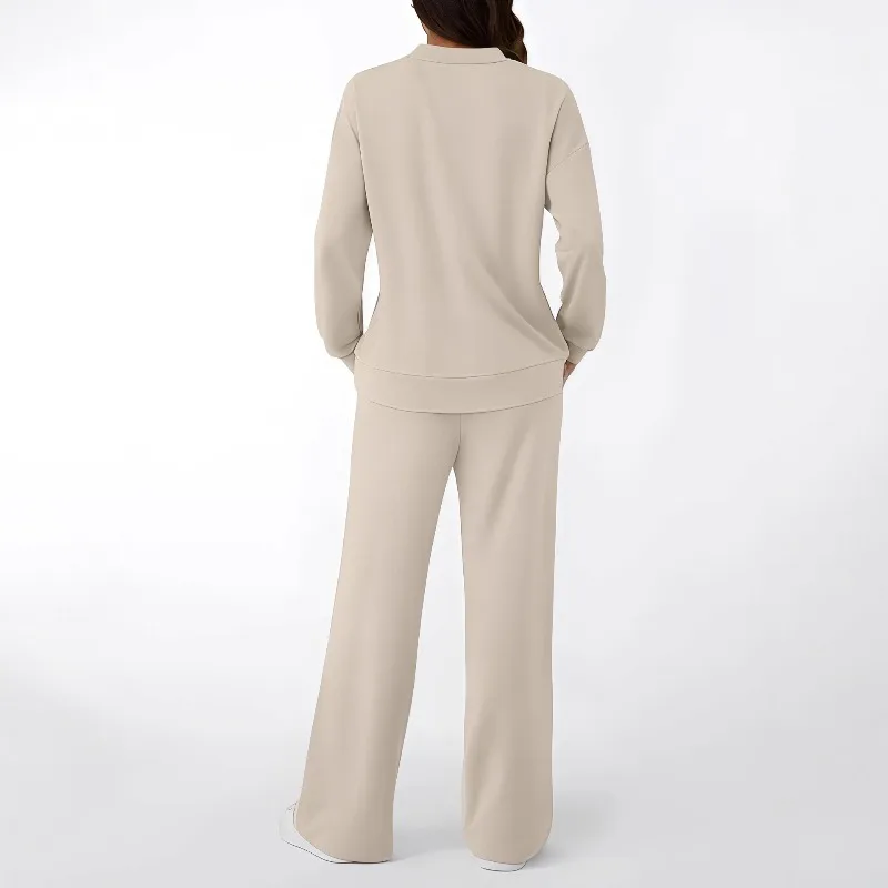 Solid Two-piece set Women Fashion Long Sleeve Zipper Sweater Pullover Tie up Pocket Wide Leg Pant Suit Loose Casual Sport Sets