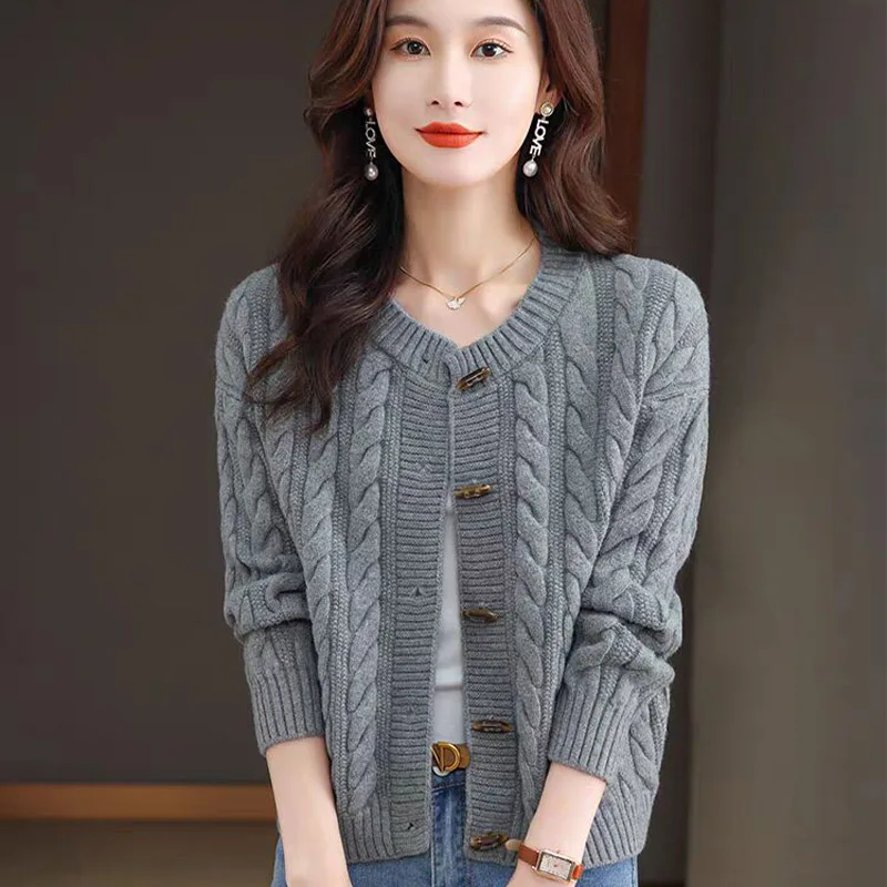 Women Clothing Vintage Elegant Knitted Cardigan Autumn Winter Chic Button Sweaters Fashion Loose O-neck Commute Tops