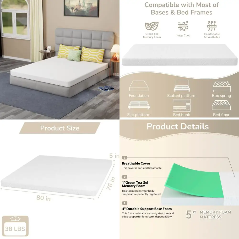 Green Tea Infused Cooling Gel 5 Inch Medium Firm Memory Foam Mattress - Fiberglass Free, CertiPUR-US Certified Mattress for Comf