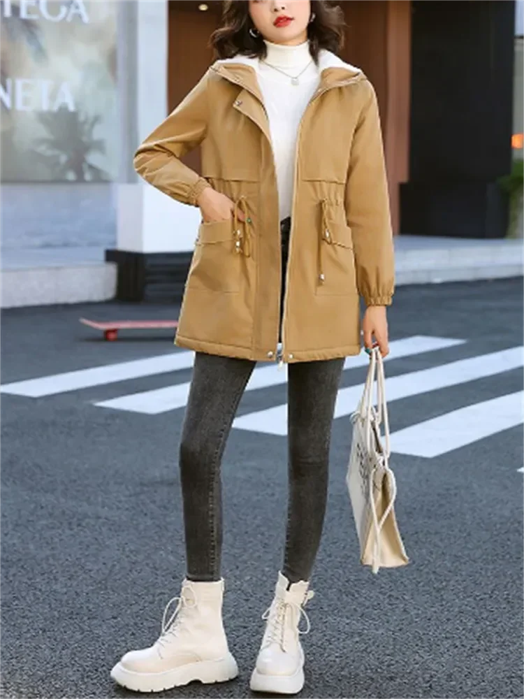 Chaqueta de algodón con capucha para mujer, abrigos cálidos de felpa, prendas de vestir con cordones, barra delgada, ropa exterior femenina, Otoño e Invierno