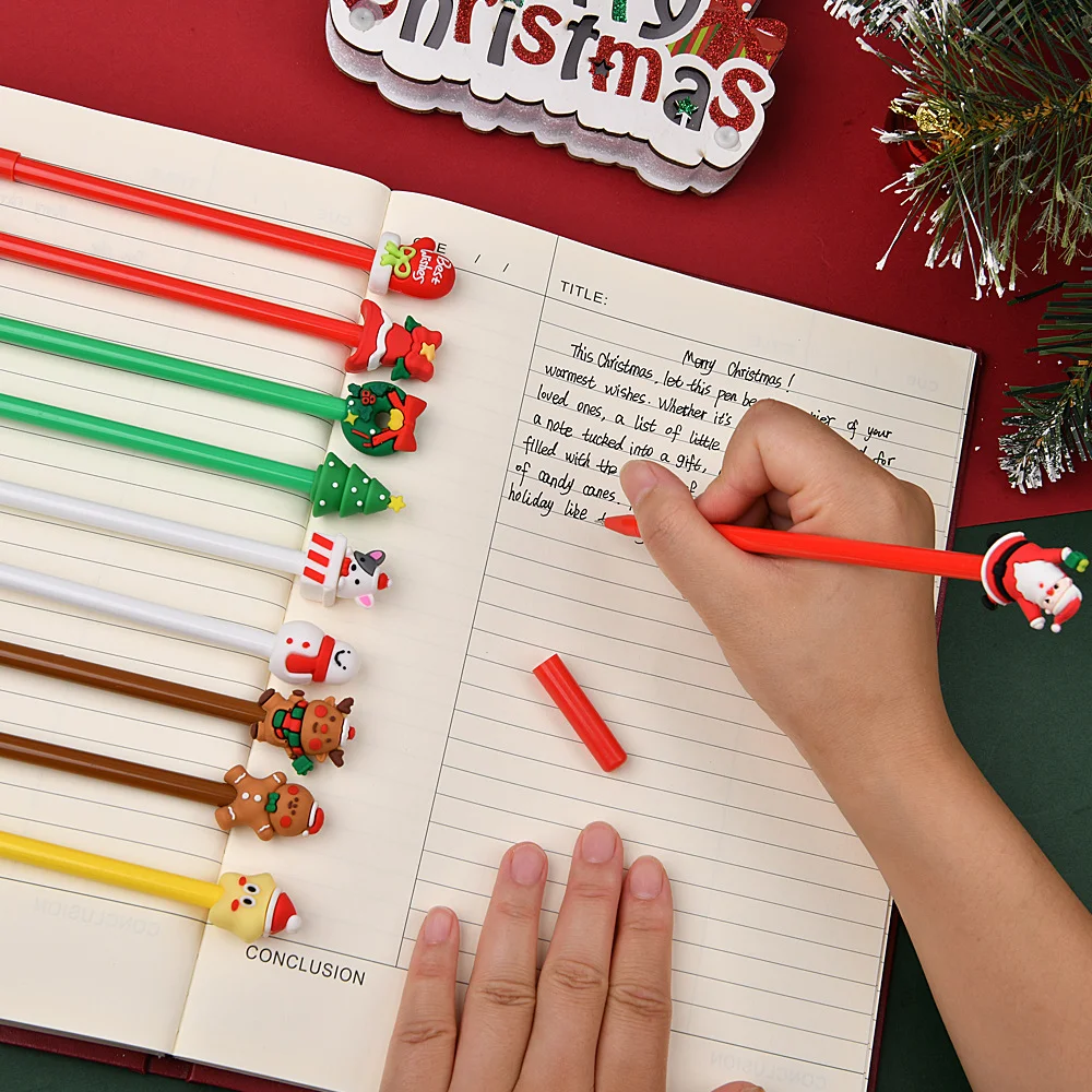 Random 10/20/30Pcs Christmas Gel Pens 0.5mm Black Ink Christmas Tree Elk Santa Snowmen Neutral Pen School Stationary Kids Gift