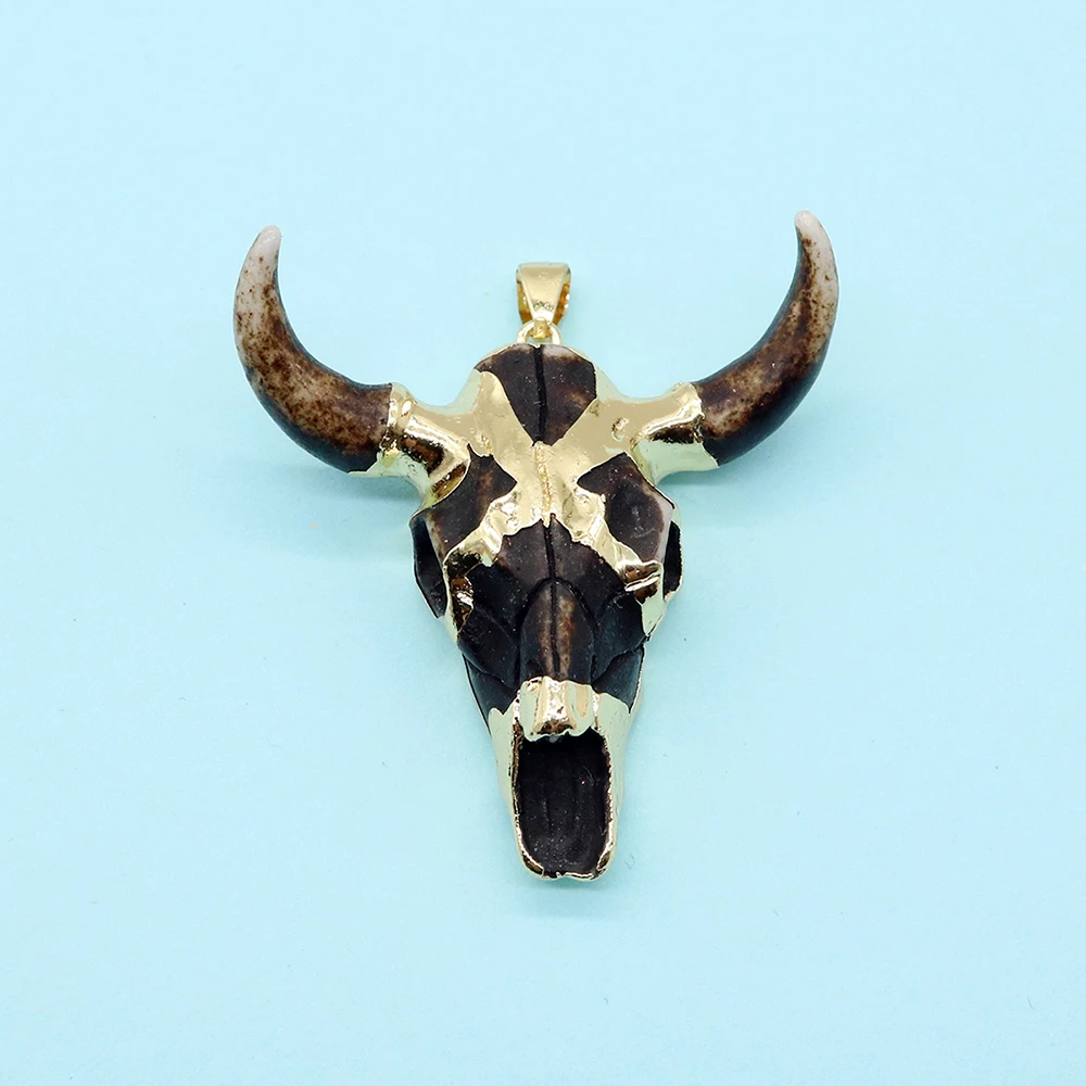 Natural Stone Resin Necklace Pendants for Jewelry Making Charms DIY Accessories Coffee Colour White Bull Head Bull Horns Pendant