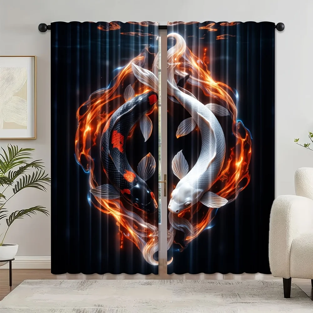 2pcs, Fiery Koi Fish Fantasy Art Artistic Print Polyester Curtains Rod Pocket Design Light Filtering for Bedroom Living Room Off