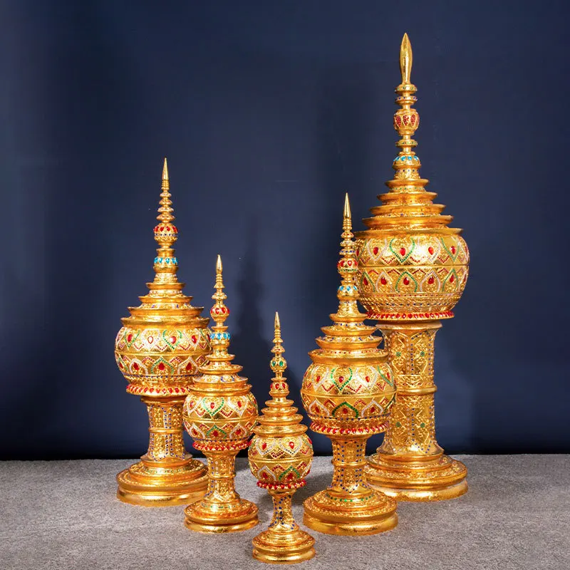 South East Asia Stupa Decoration Treasure Box Thai Light Luxury Gold Foil Wood Storage Decoration Porch Tabletop Ornament