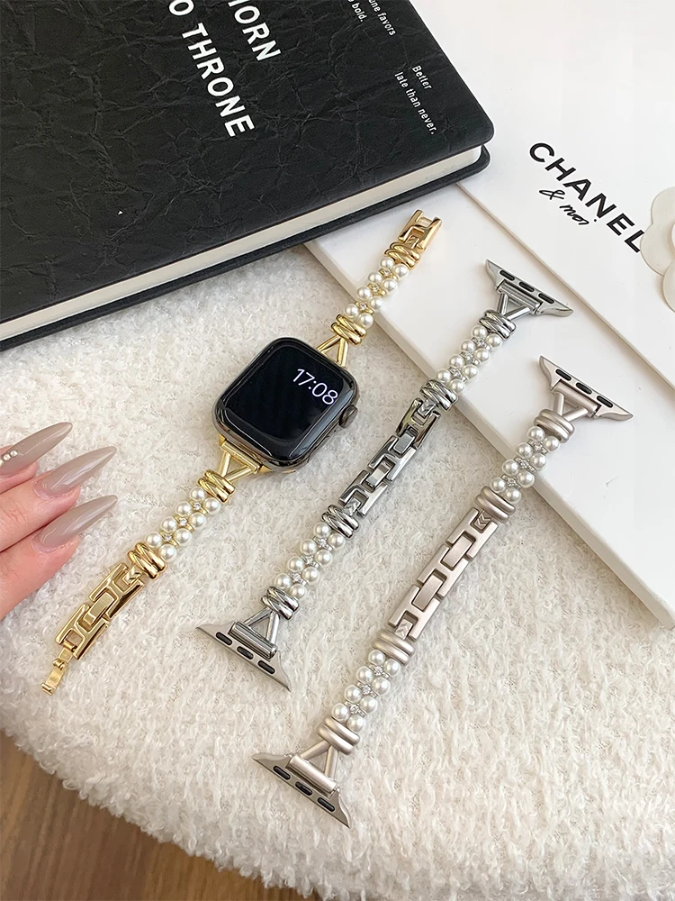 Роскошный жемчужный ремешок для iWatch Ultra 10 9 8 7 6 5 4 Глянцевый металлический браслет-ремешок для Apple Watch 40 мм 41 42 мм 44 мм 45 мм 46 мм 49 мм