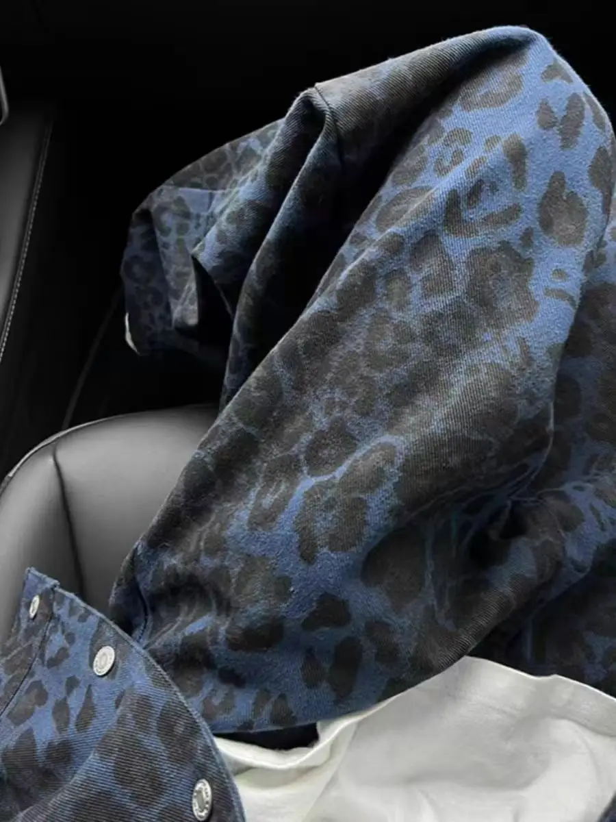 Retro American Leopard Print Denim Jeans High Street Vibe Waed Canvas Knife  Casual Straight Leg Trousers for Teens